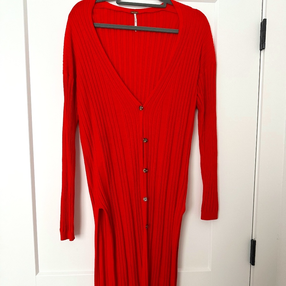 Free People Orange/Red Cotton Midi Long Sleeve Cardigan Sweater Dress - Small